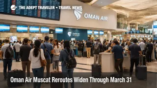 Passengers queue at Muscat International Airport as Oman Air Muscat reroutes disrupt Gulf connections through March 31