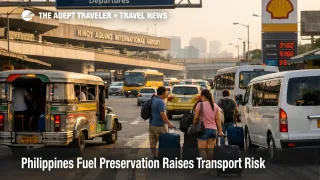 Travelers and jeepneys in Metro Manila show Philippines fuel transport risk around airport and domestic transfer timing