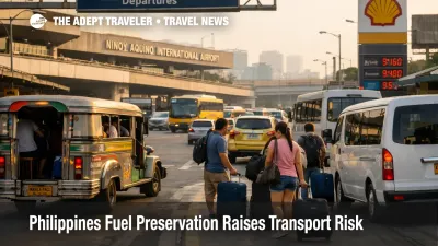 Travelers and jeepneys in Metro Manila show Philippines fuel transport risk around airport and domestic transfer timing