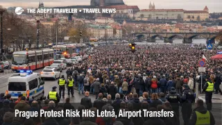 Prague protest travel risk at Letná shows dense crowds and slower central access near airport and Old Town routes