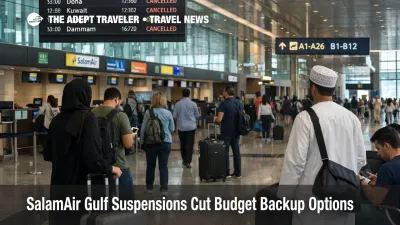 SalamAir Gulf suspensions shown at Muscat airport as travelers wait under regional departure boards with disruptions