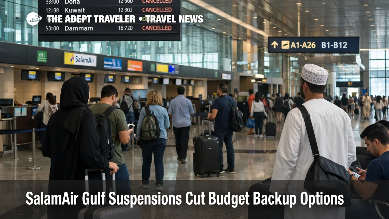 SalamAir Gulf suspensions shown at Muscat airport as travelers wait under regional departure boards with disruptions