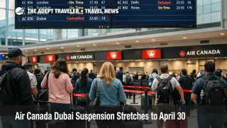 Air Canada Dubai suspension shown on Toronto Pearson departure boards as travelers queue to rebook spring trips