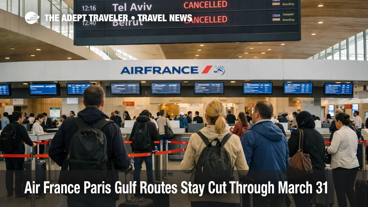 Air France Paris Gulf routes disruption shown by waiting passengers and canceled Middle East departures at CDG