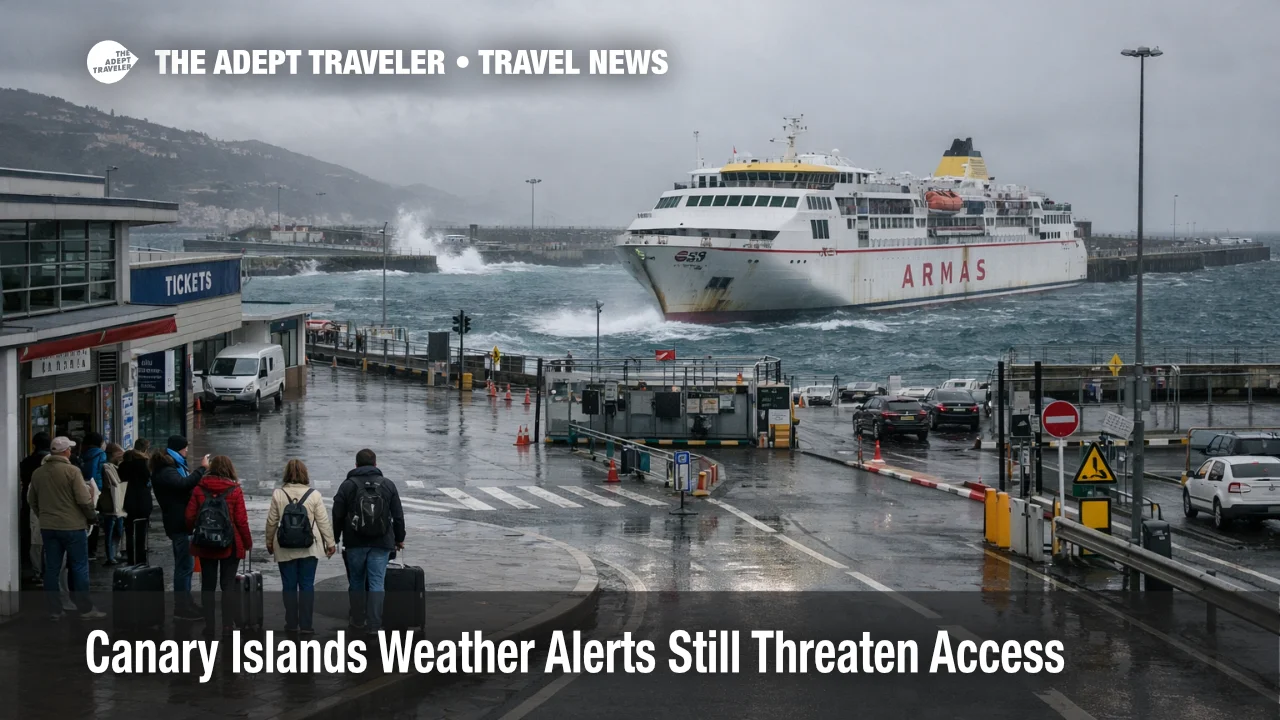 Canary Islands weather alerts at a Tenerife ferry terminal show rough seas, wet access, and delayed island transfers