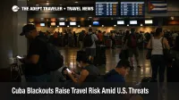 Travelers wait under dim lighting at Havana airport during Cuba blackout travel risk and repeated power outages