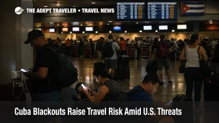 Travelers wait under dim lighting at Havana airport during Cuba blackout travel risk and repeated power outages
