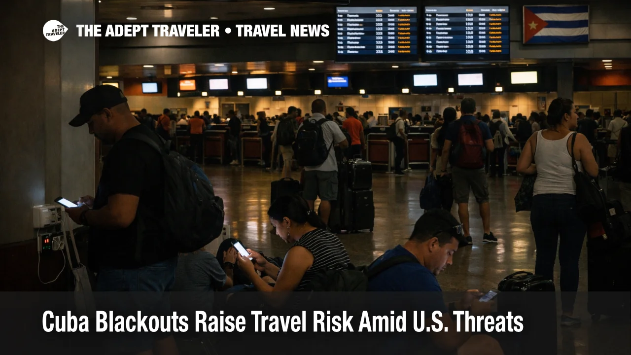 Travelers wait under dim lighting at Havana airport during Cuba blackout travel risk and repeated power outages