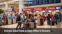 Emirates Dubai check in disruption shown by Terminal 3 queues and departure screens at Dubai International Airport