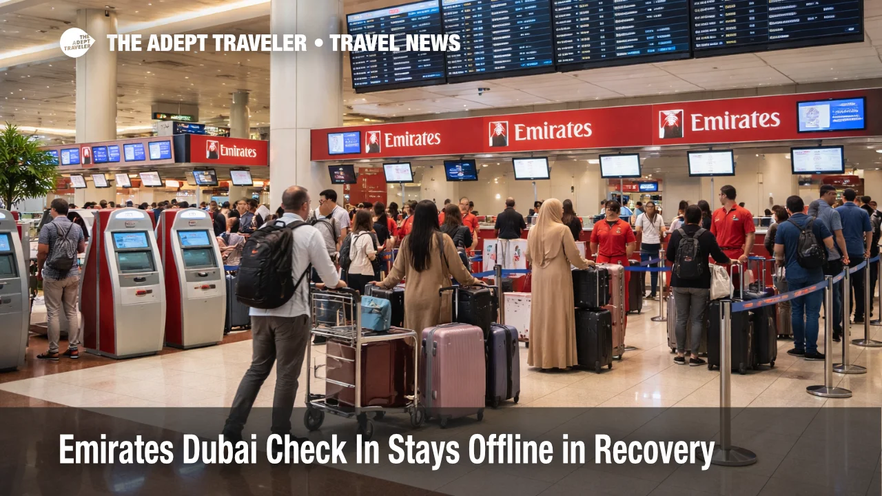 Emirates Dubai check in disruption shown by Terminal 3 queues and departure screens at Dubai International Airport