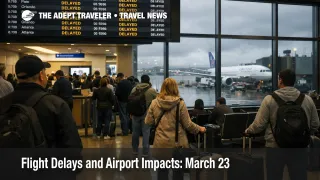 March 23 flight delays at Newark show waiting travelers, delayed departure boards, and a slow moving Northeast airport morning