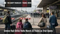Greece rail strike at Larissa station shows canceled trains and waiting travelers during the March 23 Tempi trial disruption