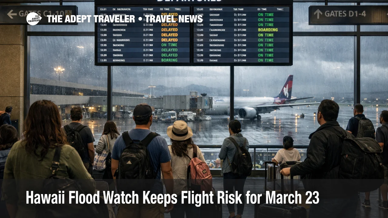Hawaii flood watch flights remain at risk as travelers wait under departure boards at Honolulu airport during stormy weather
