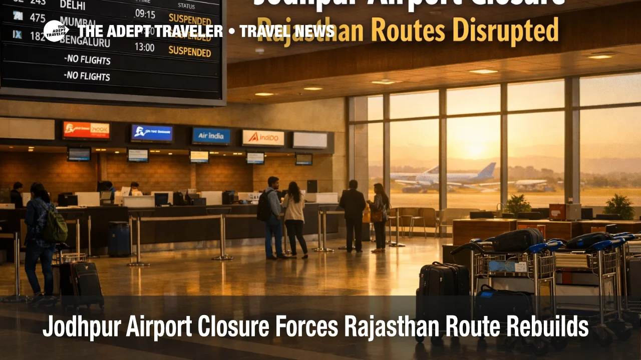 Jodhpur airport closure shown in a quiet terminal as Rajasthan travelers rebuild April flight and road plans