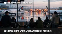LaGuardia plane crash disruption shown inside LGA with delayed flights, grounded aircraft, and waiting travelers