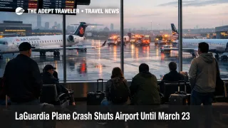 LaGuardia plane crash disruption shown inside LGA with delayed flights, grounded aircraft, and waiting travelers
