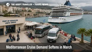 Mediterranean cruise demand softens as travelers move through a muted spring cruise port scene in Crete