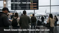 Newark ground stop at EWR shown by travelers watching departure boards after the brief tower evacuation on March 23