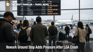 Newark ground stop at EWR shown by travelers watching departure boards after the brief tower evacuation on March 23