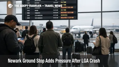 Newark ground stop at EWR shown by travelers watching departure boards after the brief tower evacuation on March 23