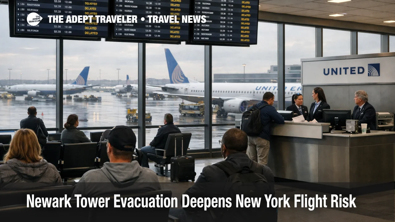 Newark tower evacuation disrupts flights as travelers wait under departure boards at Newark Liberty Airport