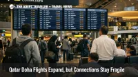 Qatar Doha flights shown on departure boards at Hamad as travelers wait during limited March 28 operations