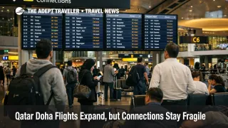 Qatar Doha flights shown on departure boards at Hamad as travelers wait during limited March 28 operations