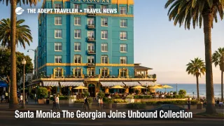 The Georgian Unbound Collection hotel in Santa Monica shows its restored turquoise façade facing Ocean Avenue and the Pacific