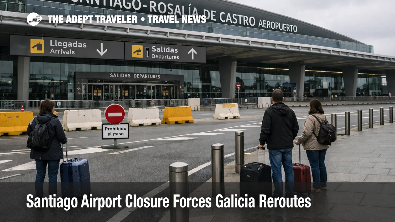 Santiago airport closure at SCQ shows quiet terminal access in Galicia during the April to May 2026 shutdown