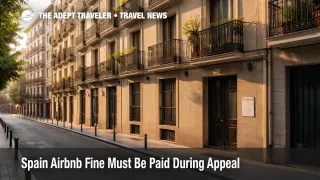 Spain Airbnb fine visual showing a Madrid apartment block amid tighter short-term rental enforcement and booking risk