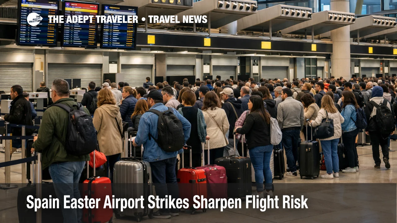 Spain Easter airport strikes shown by long check in lines at Madrid Barajas as Groundforce and Menzies action nears