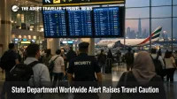 State Department worldwide alert scene at Dubai airport departures, with travelers watching screens amid tighter security caution