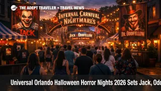 Halloween Horror Nights 2026 crowds enter Universal Studios Florida under carnival-themed event lighting in Orlando