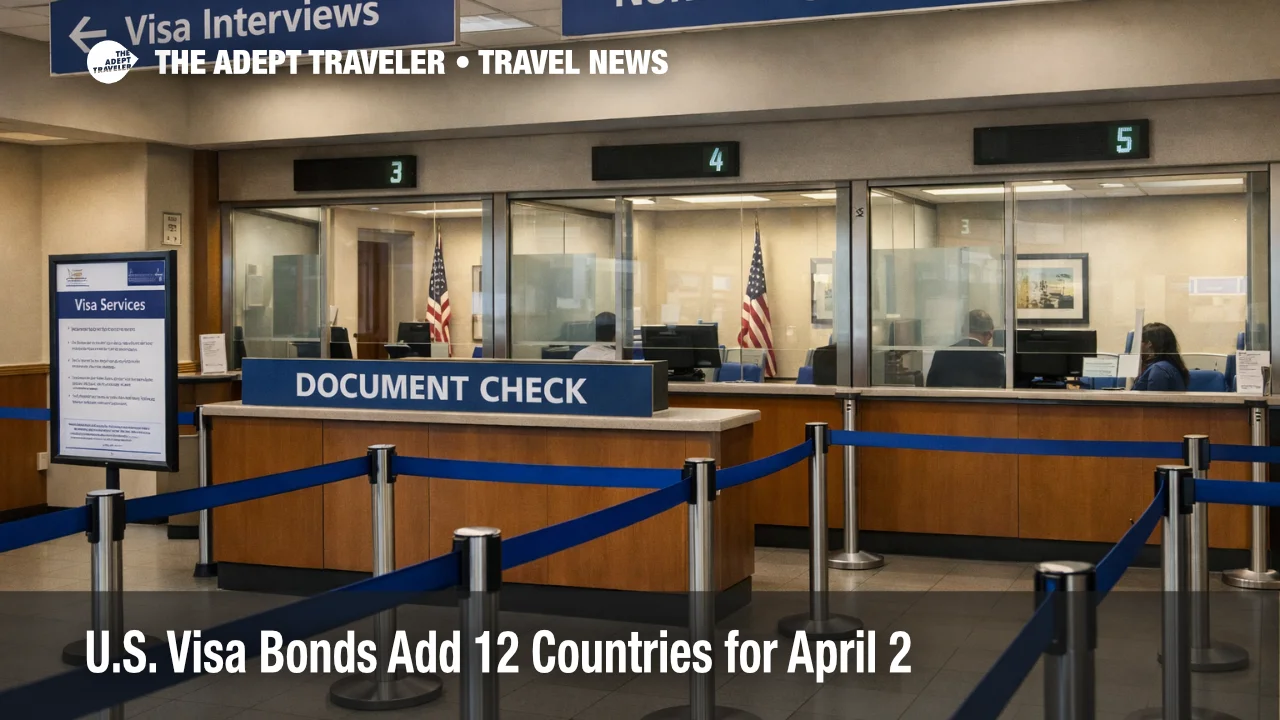 U.S. visa bond expansion shown at a consulate interview area where B1 and B2 travelers face higher upfront entry costs