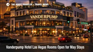 Vanderpump Hotel Las Vegas exterior on the Strip as bookings open for redesigned rooms starting in May 2026