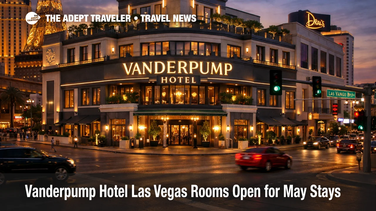 Vanderpump Hotel Las Vegas exterior on the Strip as bookings open for redesigned rooms starting in May 2026