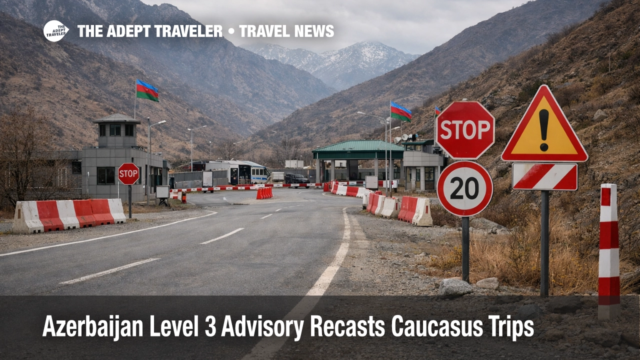 Azerbaijan travel advisory scene near the Armenia border shows a controlled checkpoint and why Caucasus routes need review