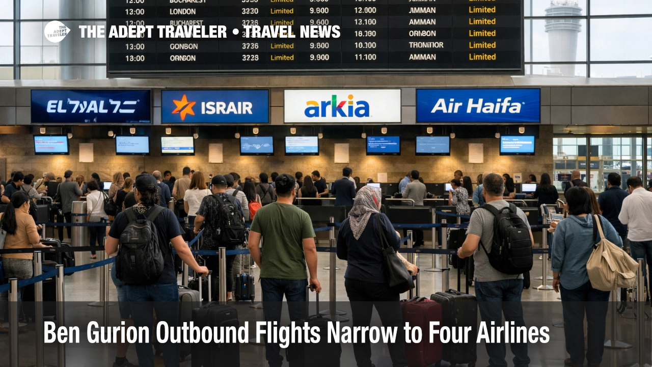 Ben Gurion outbound flights bottleneck shows travelers queueing in a departures hall under limited airline operations