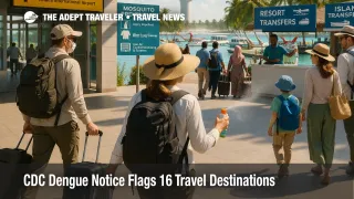 CDC dengue travel notice scene near Malé airport, with travelers at an outdoor transfer point in mosquito risk conditions