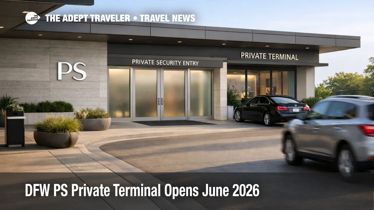 DFW private terminal entrance shows a quiet premium drop off and private screening access for June 2026 travelers