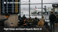 LaGuardia airport delays on March 24 show travelers waiting beneath departure screens during a New York disruption day