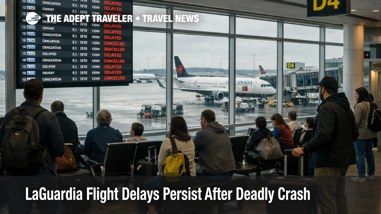LaGuardia flight delays shown by crowded gates and delay boards at LGA during reduced runway operations after the crash