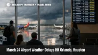 March 24 airport weather delays at Orlando show wet ramps, storm clouds, and waiting passengers by departure boards