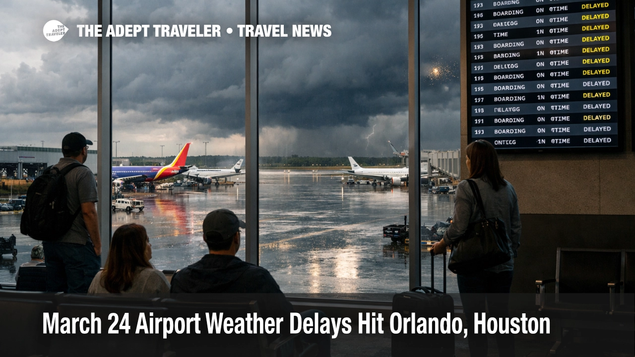 March 24 airport weather delays at Orlando show wet ramps, storm clouds, and waiting passengers by departure boards