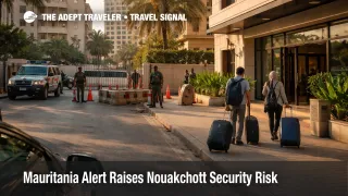 Mauritania alert Nouakchott security risk shown by guarded streets and cautious hotel arrivals in the capital