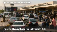 Pakistan travel advisory disruption shown by slower access traffic and travelers outside Islamabad airport departures