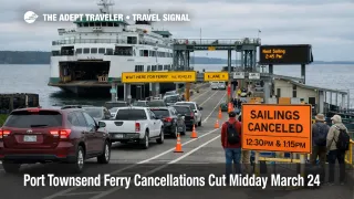 Port Townsend ferry cancellations leave vehicles queued at the terminal as midday March 24 sailings are cut