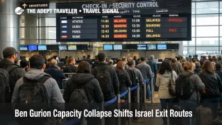 Ben Gurion capacity collapse shows travelers queueing in a constrained departures hall under sharply limited outbound flights
