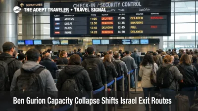 Ben Gurion capacity collapse shows travelers queueing in a constrained departures hall under sharply limited outbound flights