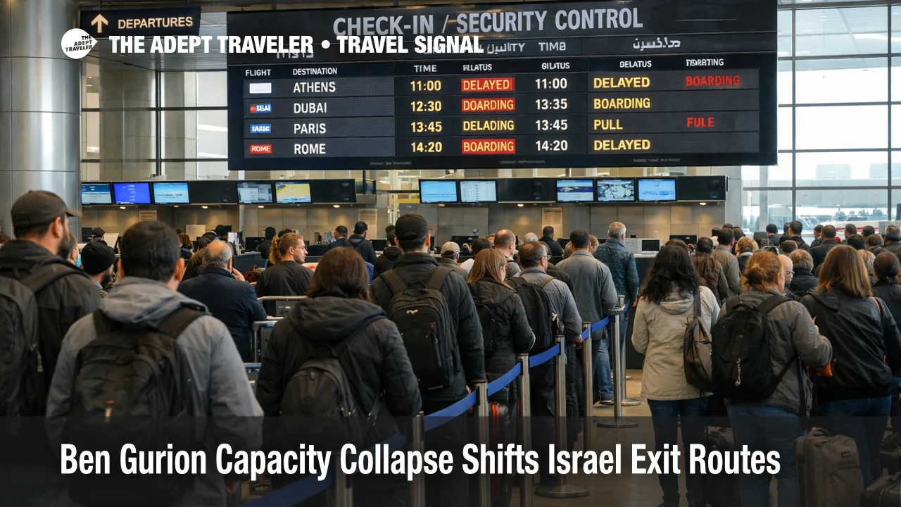 Ben Gurion capacity collapse shows travelers queueing in a constrained departures hall under sharply limited outbound flights